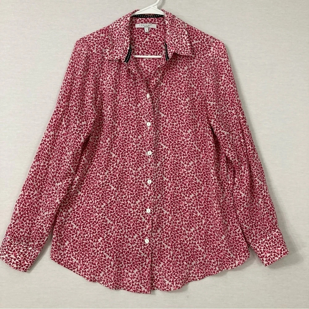 Foxcroft Easycare Pink Heart Print Lyocell Long Sleeve Button Down size 8